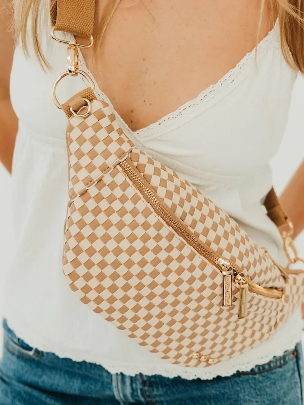 Pretty Simple Woven Susie Sidekick Bum Bag High Quality Vegan Leather Check Tan